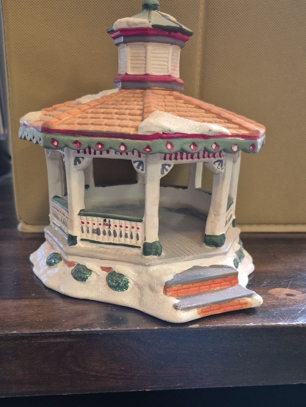 Enesco White and Green Holiday Gazebo Figurine with Orange Roof